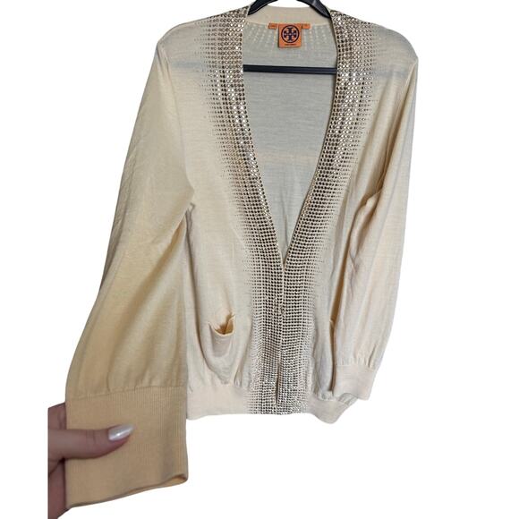 Tory Burch Gaugino Sweater Cardigan Wool Studded Open Front Beige Gold Size XL - Picture 2 of 13